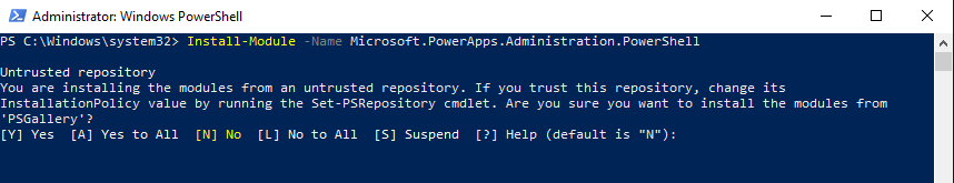 Install-Module -Name Microsoft.PowerApps.Administration.PowerShell Warning