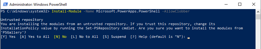 Install-Module -Name Microsoft.PowerApps.PowerShell -AllowClobber Warning